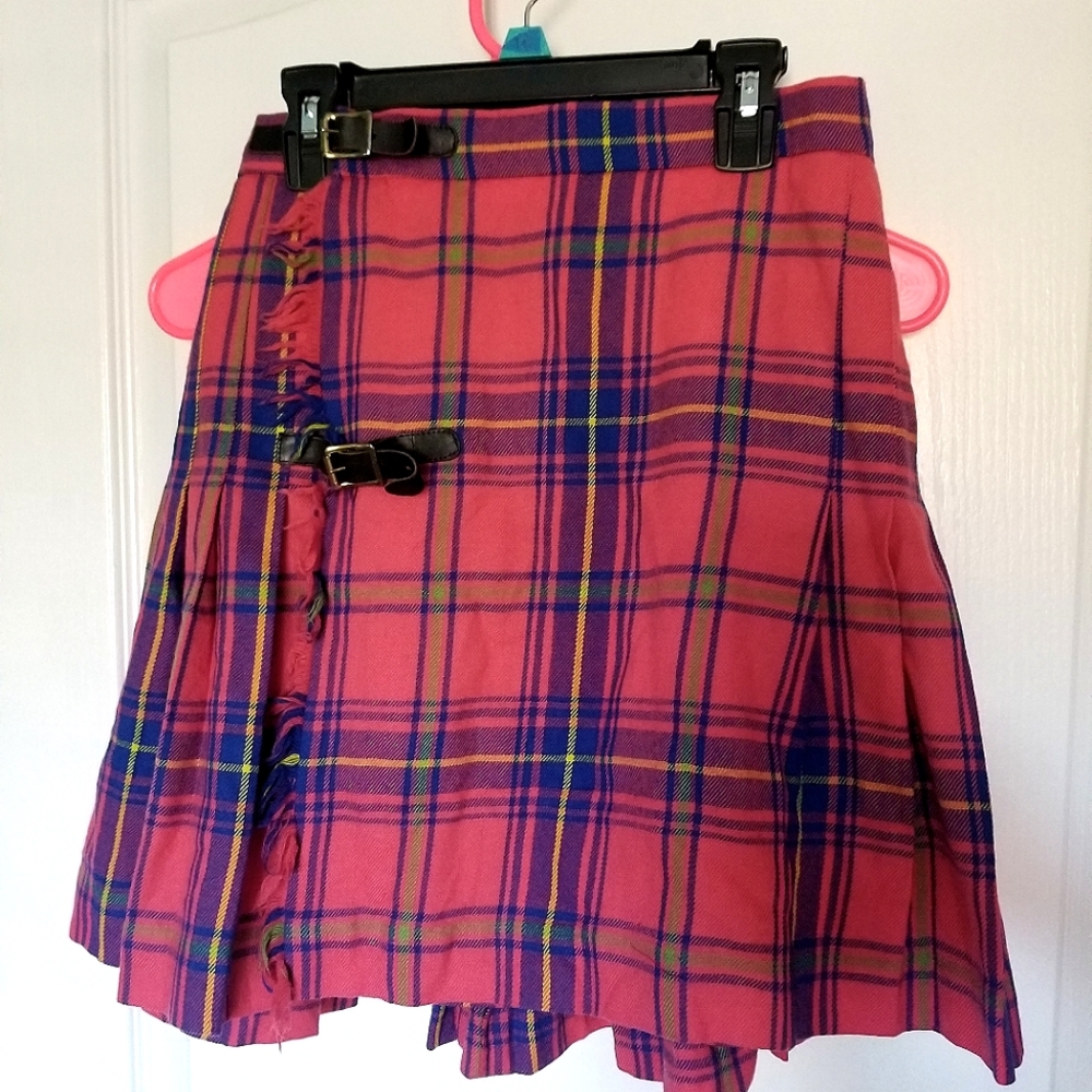 Colorful plaid double buckle wool skirt